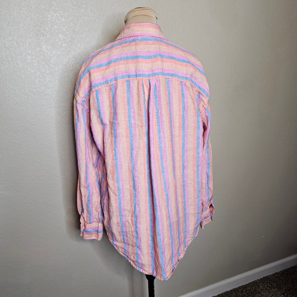 Faherty Laguna Linen Relaxed Shirt Pink Blue Orange Cabana Stripe Button Down M - Picture 5 of 10